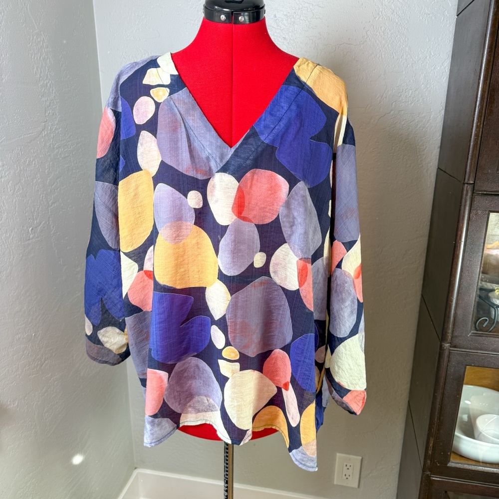 Simple Suzanne Betro Bright Abstract Print Sheer Blouse Plus Size 2X